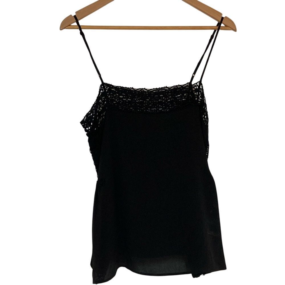 Gold Hawk Black 100% Silk Crochet Lace Trim Cami Spaghetti Strap Tank‎ Top Small